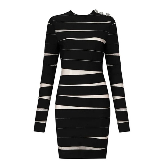 🎉New Captivating Long Sleeve Sheer Mesh Design Round Neck Slim Fit Dress - Picture 5 of 12
